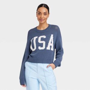 Grayson Threads USA Cropped Knit Sweater XS Blue Graphic Cotton Y2K Preppy